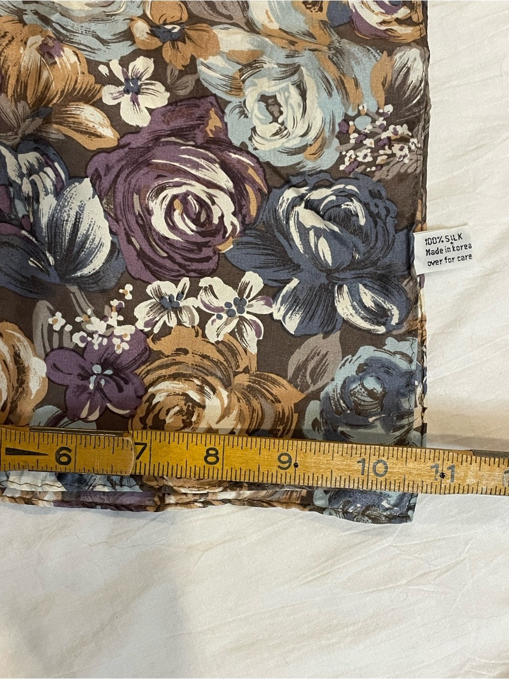 Vintage 100% Silk Floral Oblong Scarf Blue Purple Taupe 11” x 52” - Picture 6 of 7